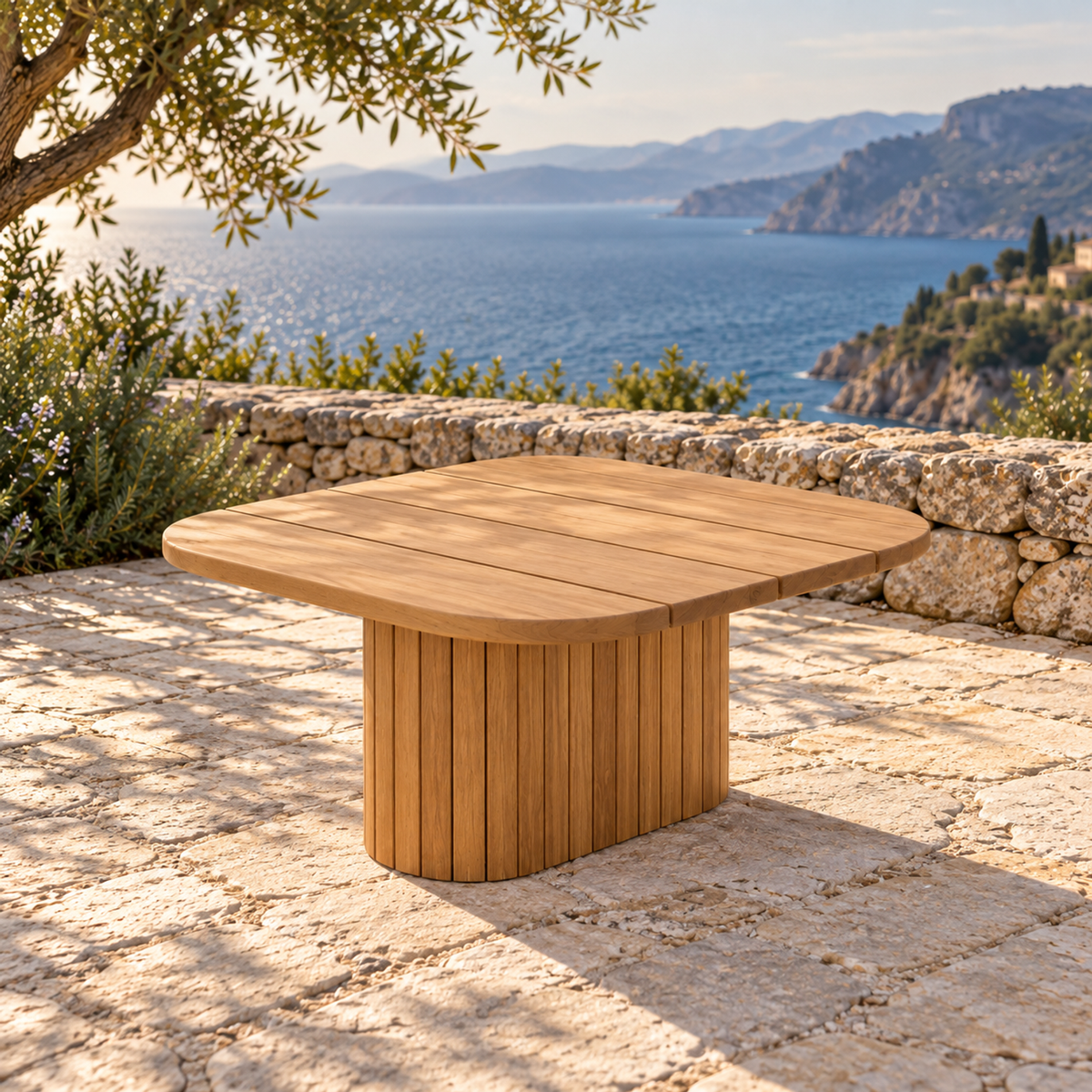 Lifestyle view: Ethereal Side Table in Teak, low side-oriented view on a coastal stone terrace