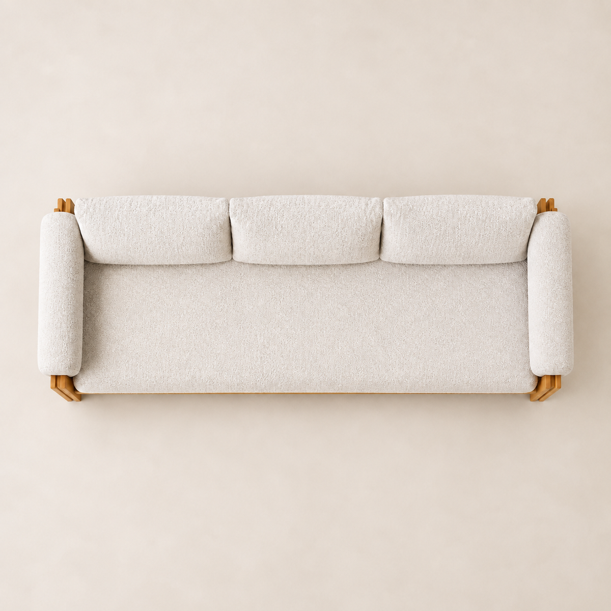 Ethereal Sofa in Teak, square overhead view showing the continuous seat and three back cushions
