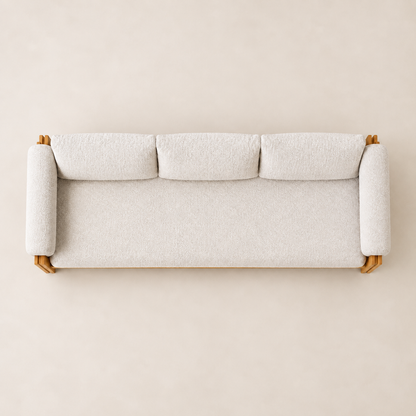 Ethereal Sofa in Teak, square overhead view showing the continuous seat and three back cushions