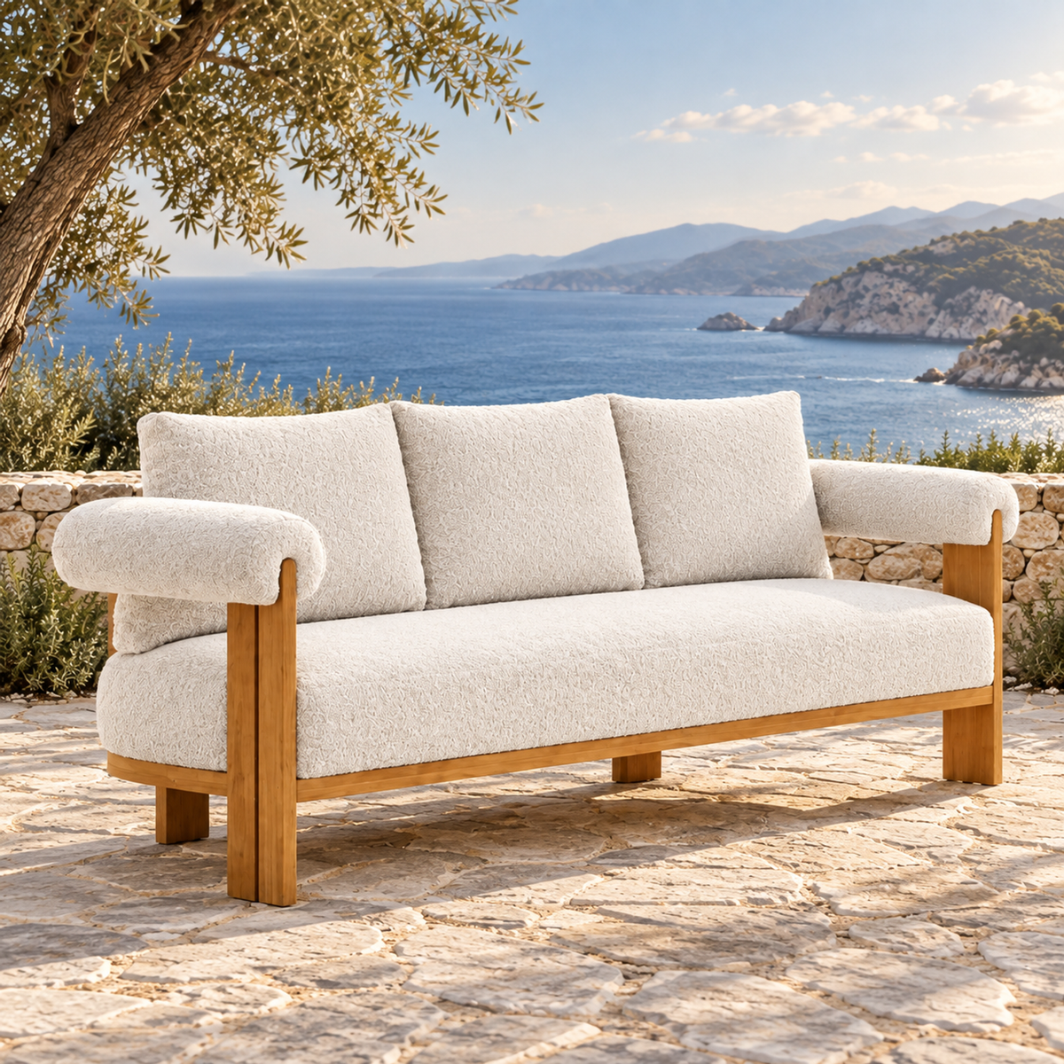 Lifestyle view: Ethereal Sofa in Teak, opposite three-quarter view on a coastal stone terrace