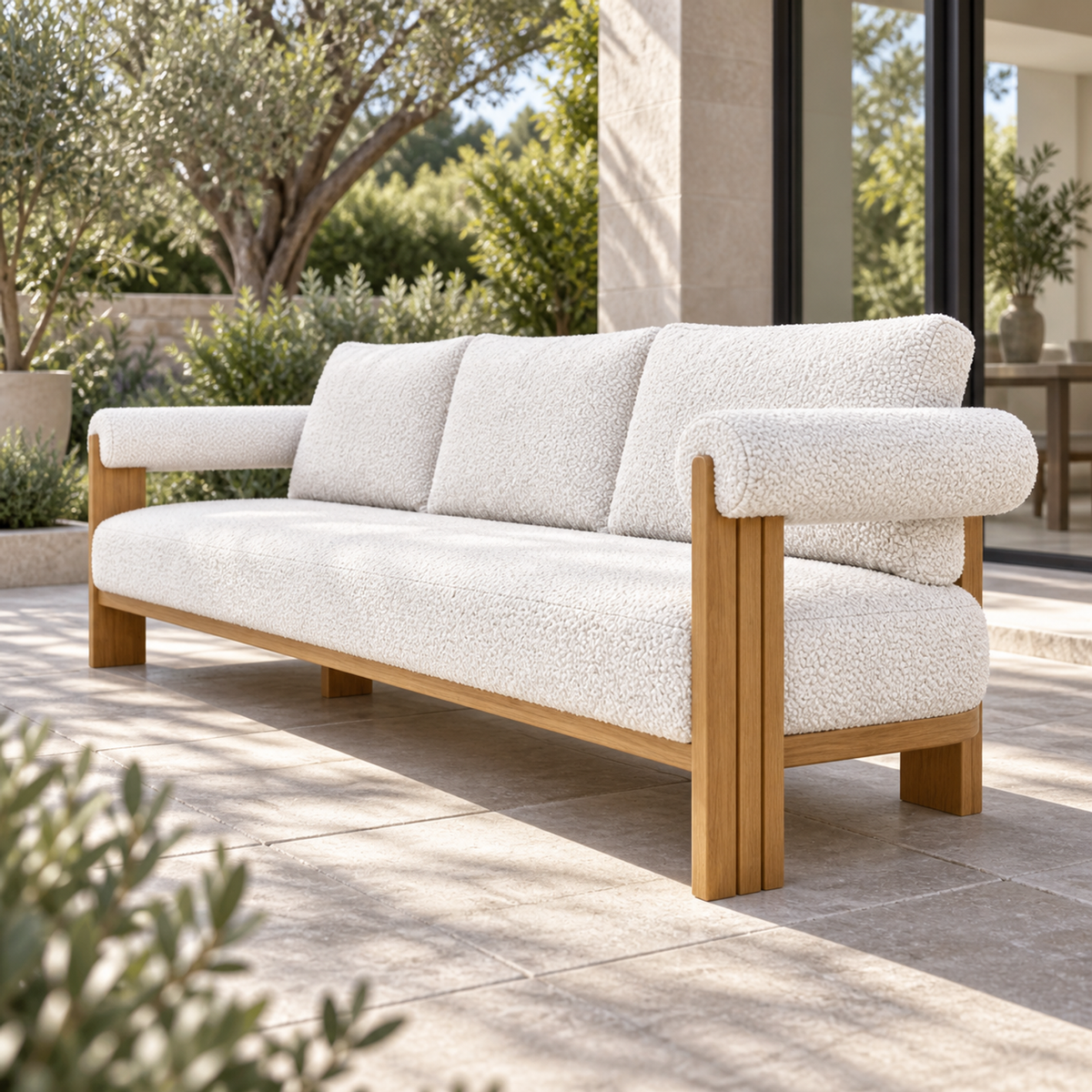Lifestyle view: Ethereal Sofa in Teak, low view from the right end beside a garden home