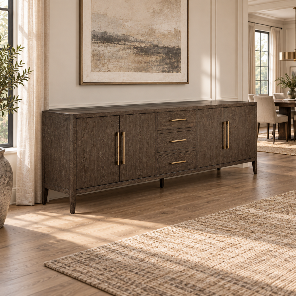 Lifestyle view: French Contemporary 4-Door Sideboard with Drawers, photographed in a quiet interior