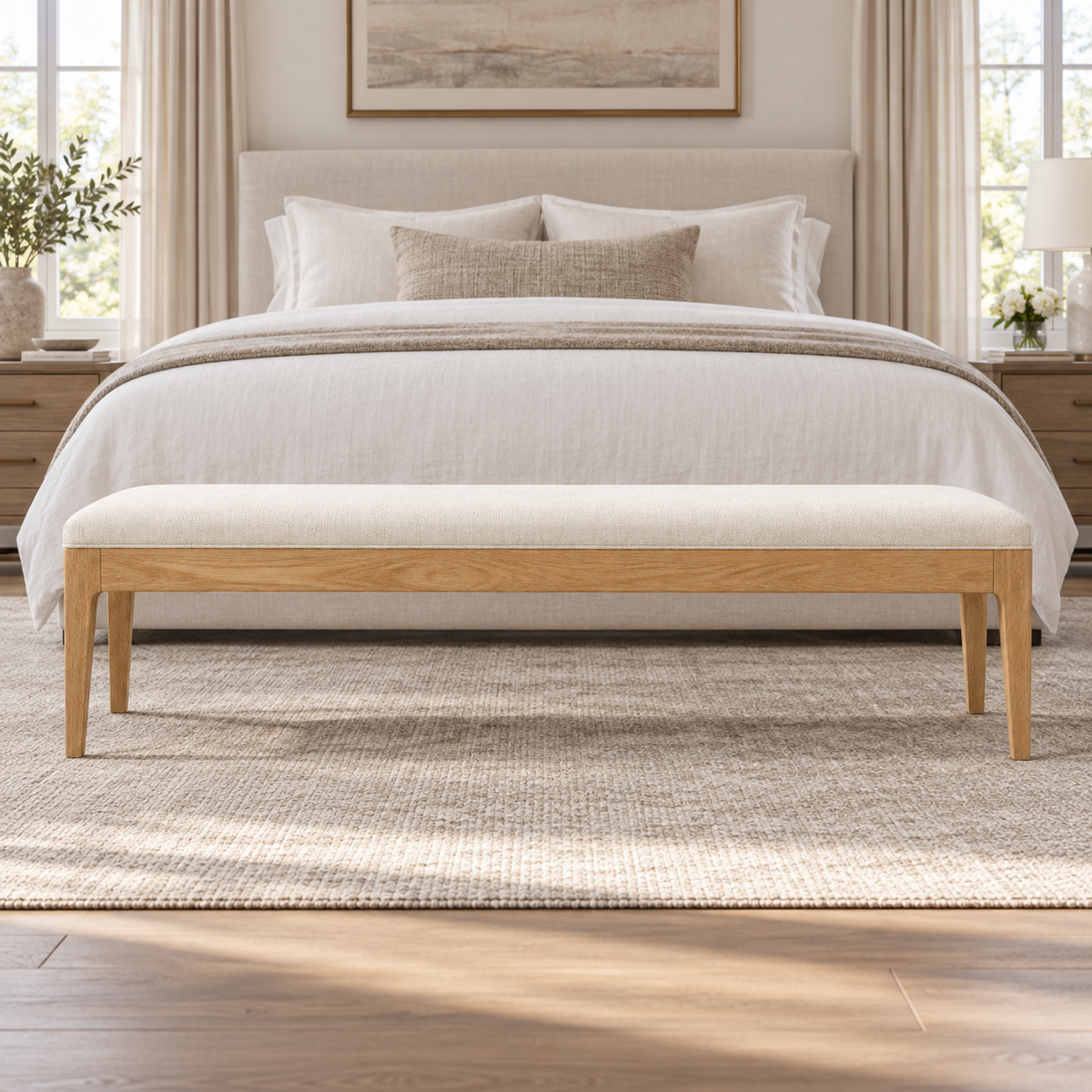 Lifestyle view: French Contemporary Fabric End-of-Bed Bench in a furnished home setting