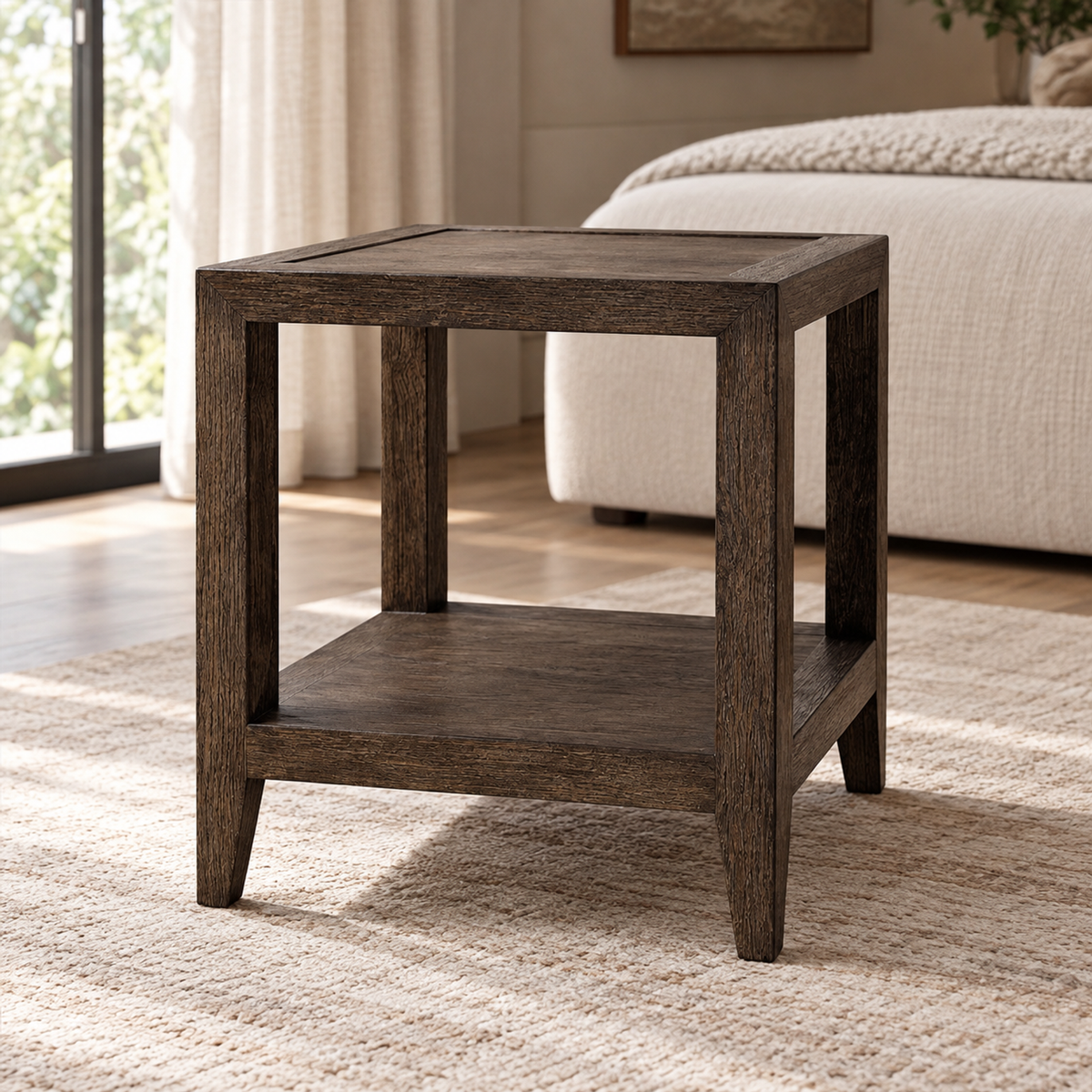Lifestyle view: French Contemporary Square Side Table, photographed in a quiet bedroom