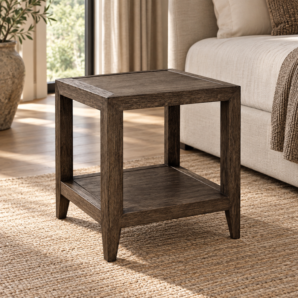 Lifestyle view: French Contemporary square side table in a sunlit living room
