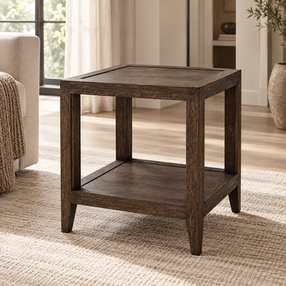 Lifestyle view: French Contemporary square side table in a warm furnished living room