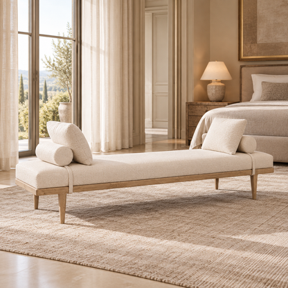 Lifestyle view: Gaël oak and fabric daybed in a sunlit living room overlooking a garden.