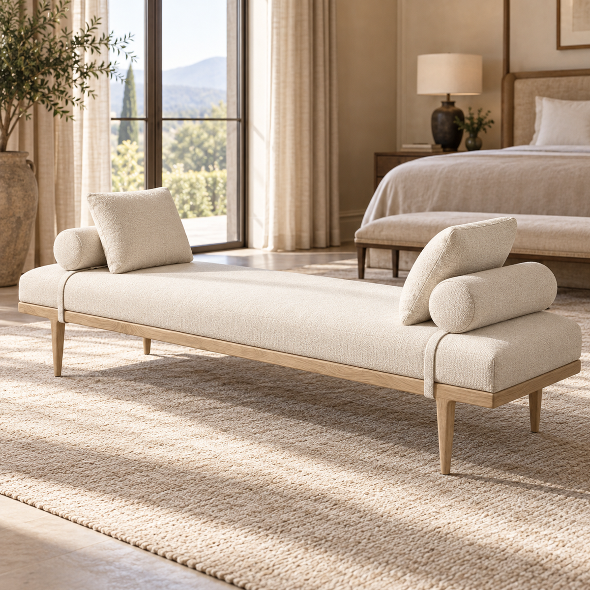 Lifestyle view: Gaël oak and fabric daybed in a warm living room with evening light.
