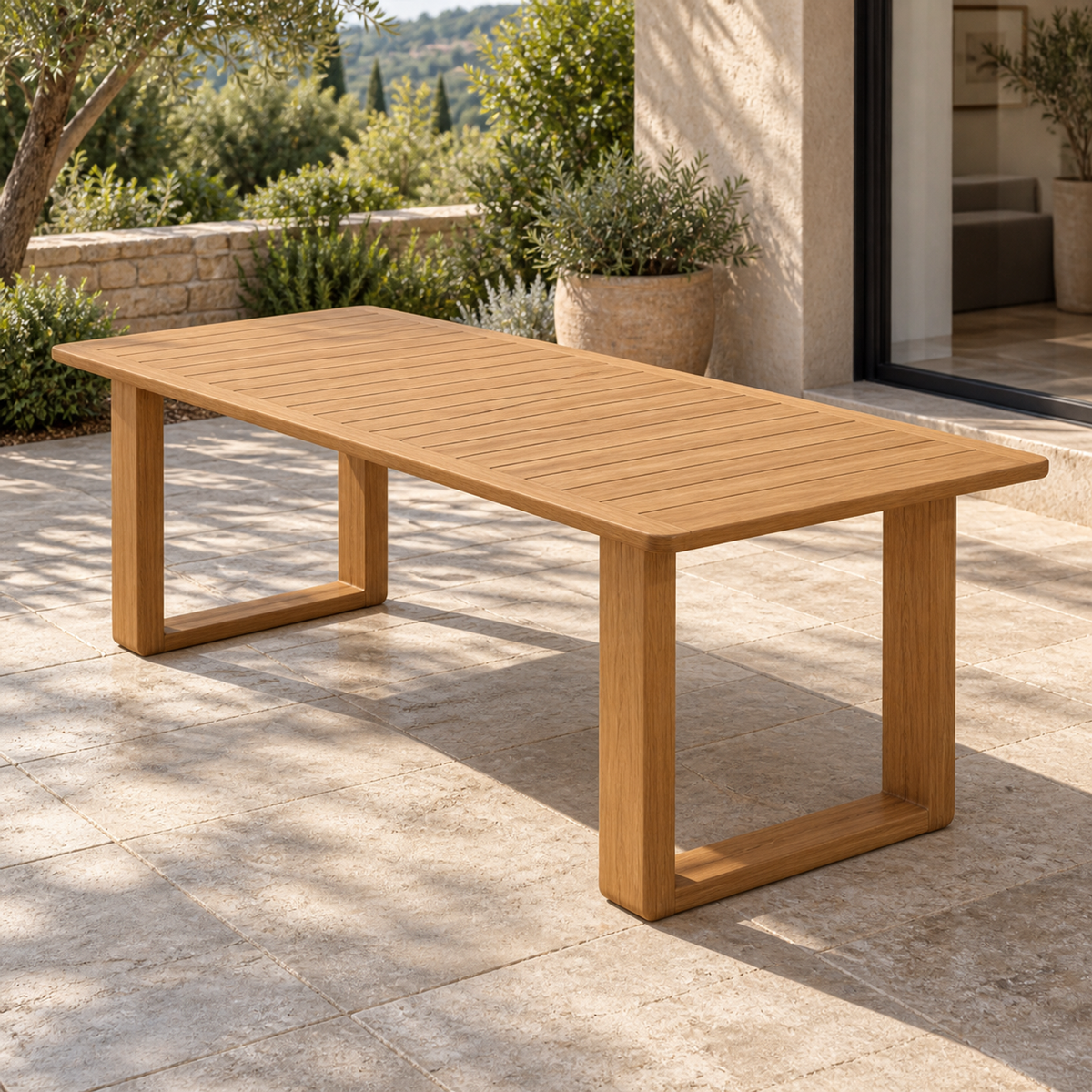 Grace Dining Table in Teak, elevated right diagonal on a furnished home terrace