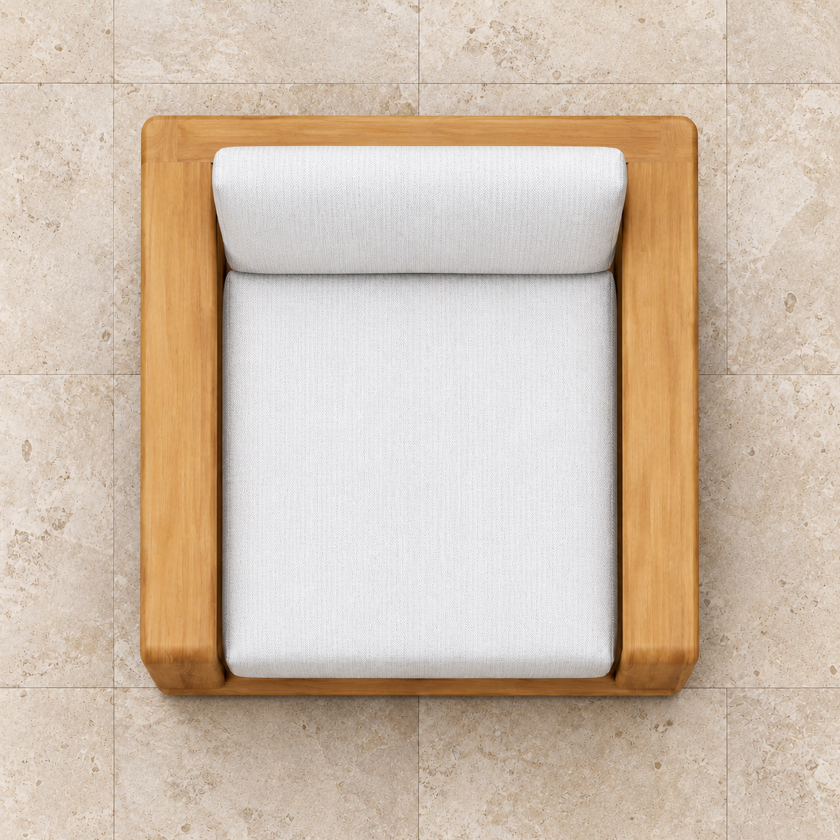 Grace Lounge Chair in Teak, complete overhead view on a stone home terrace
