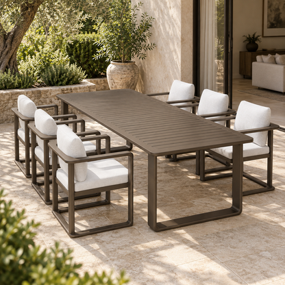 Grace aluminium dining set, left three-quarter view on a furnished home terrace