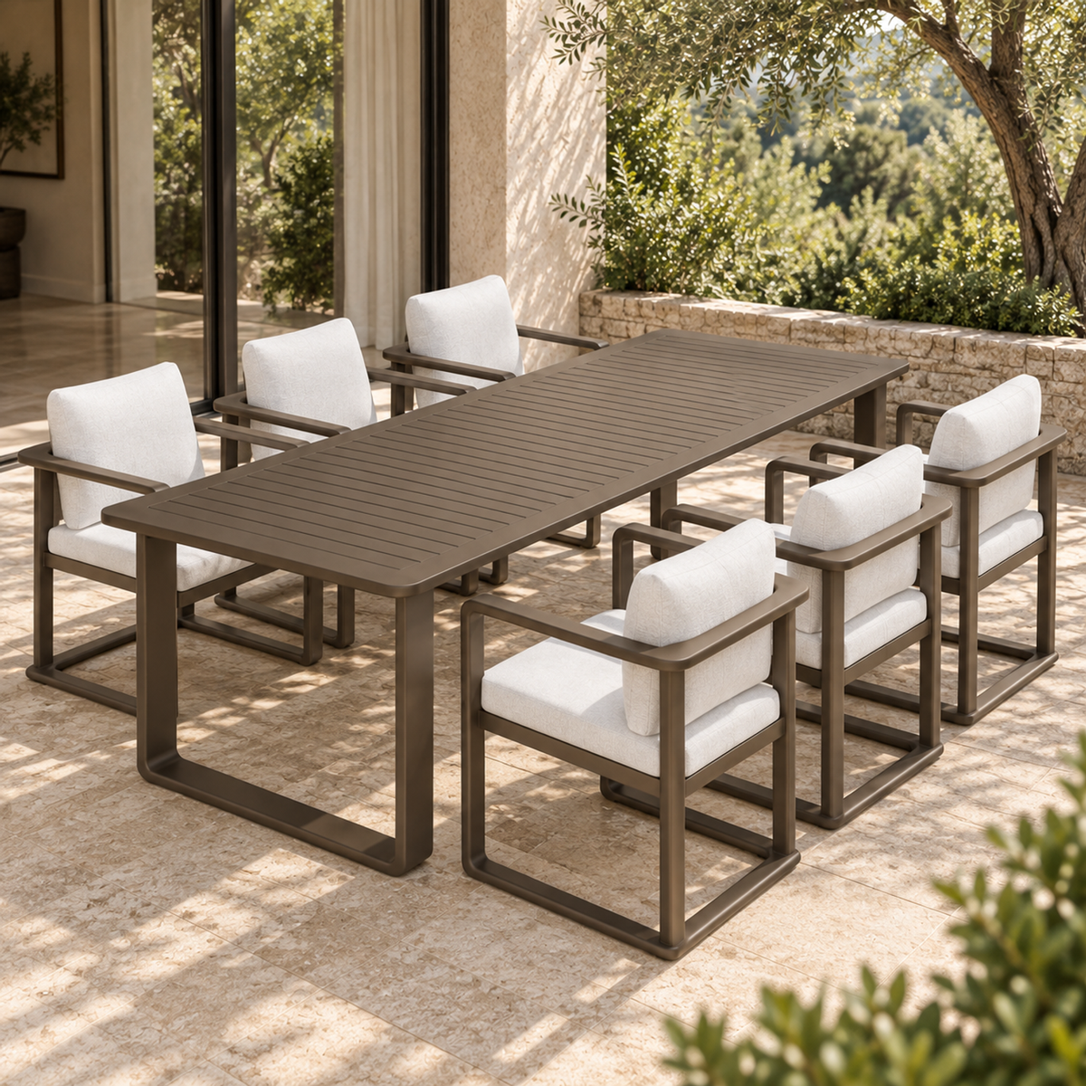 Lifestyle view: Grace aluminium dining table and six chairs, opposite diagonal view on a home terrace