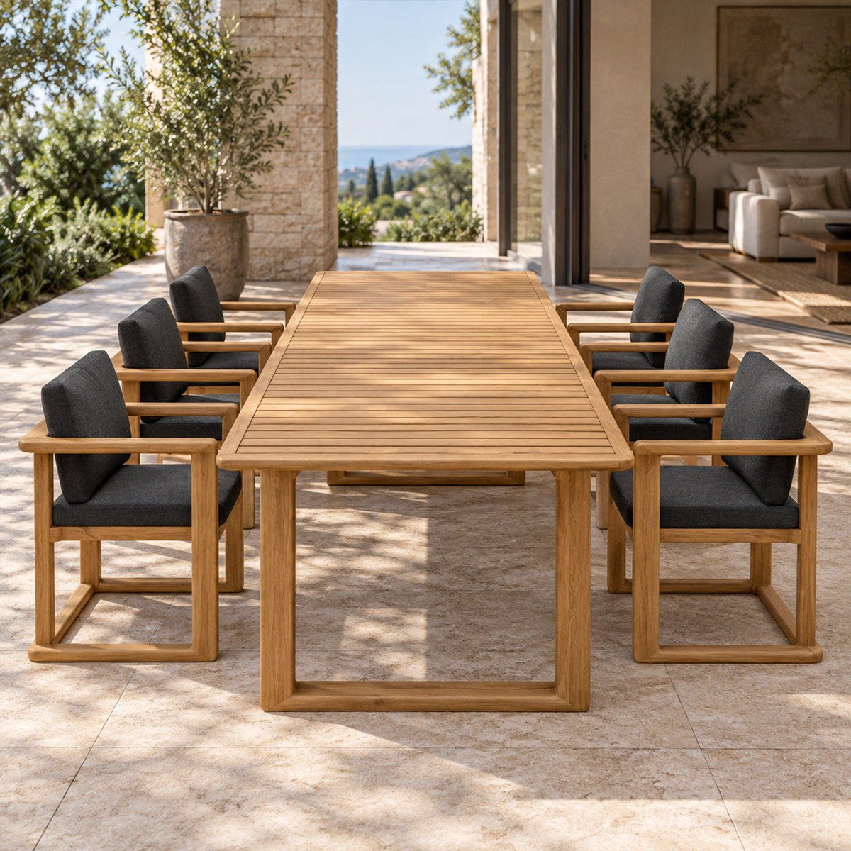 Grace teak dining set, view along the table from its short end