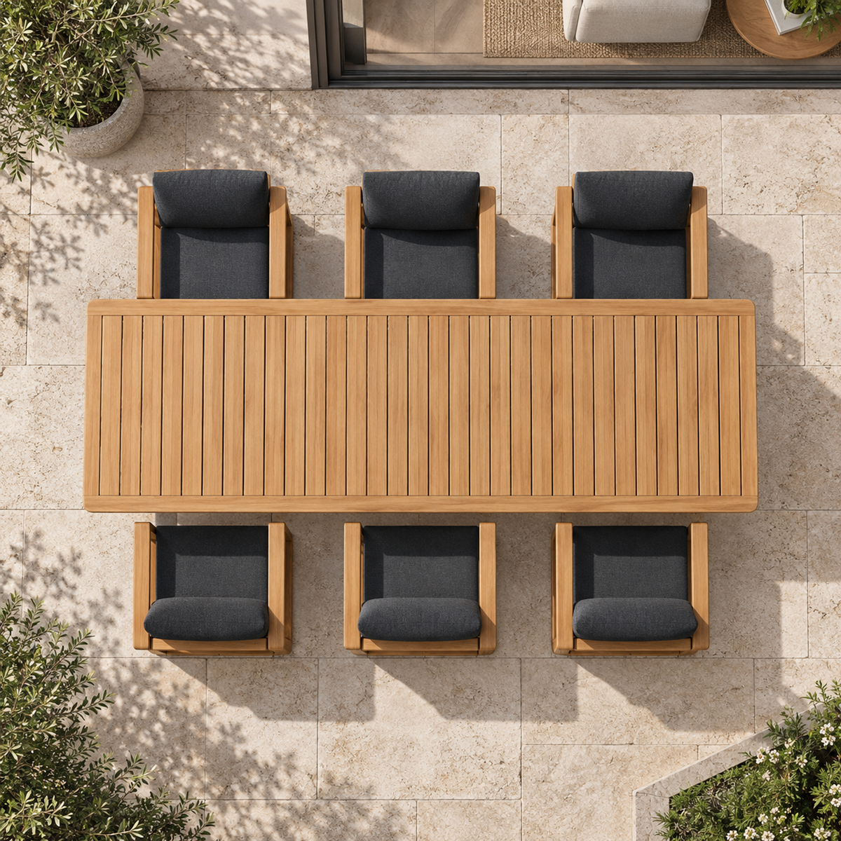 Grace teak dining set, overhead view with six chairs
