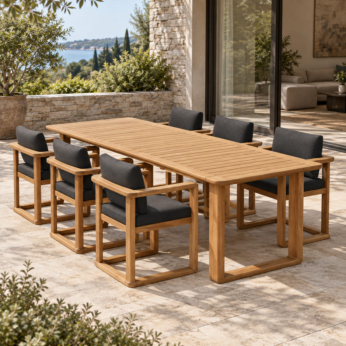 Grace teak dining set, opposite right diagonal on a coastal home terrace