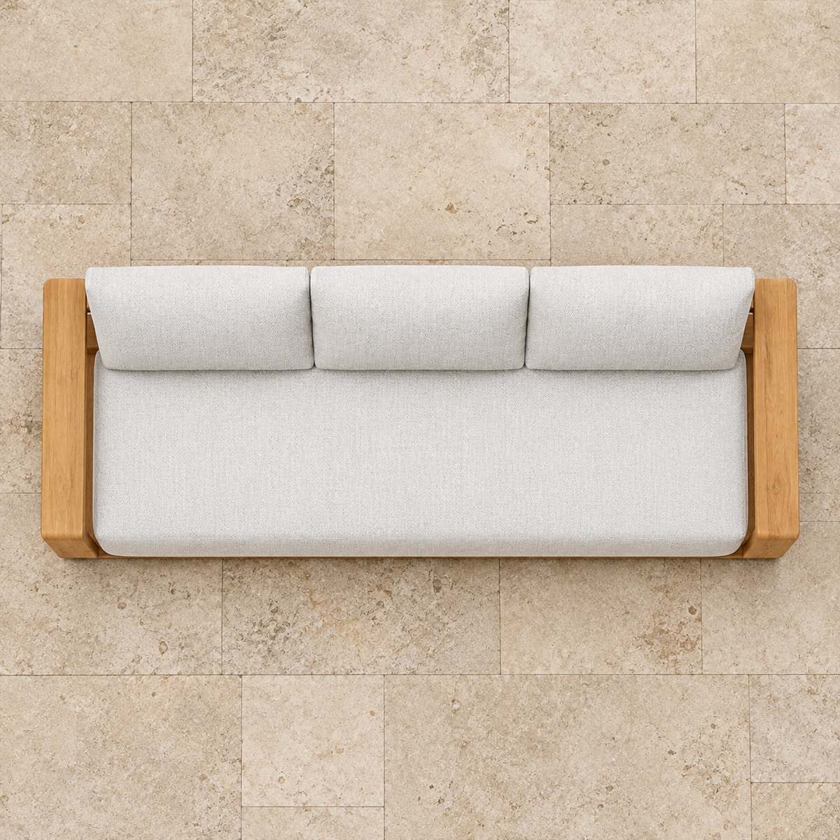 Grace teak sofa, overhead view on natural stone paving