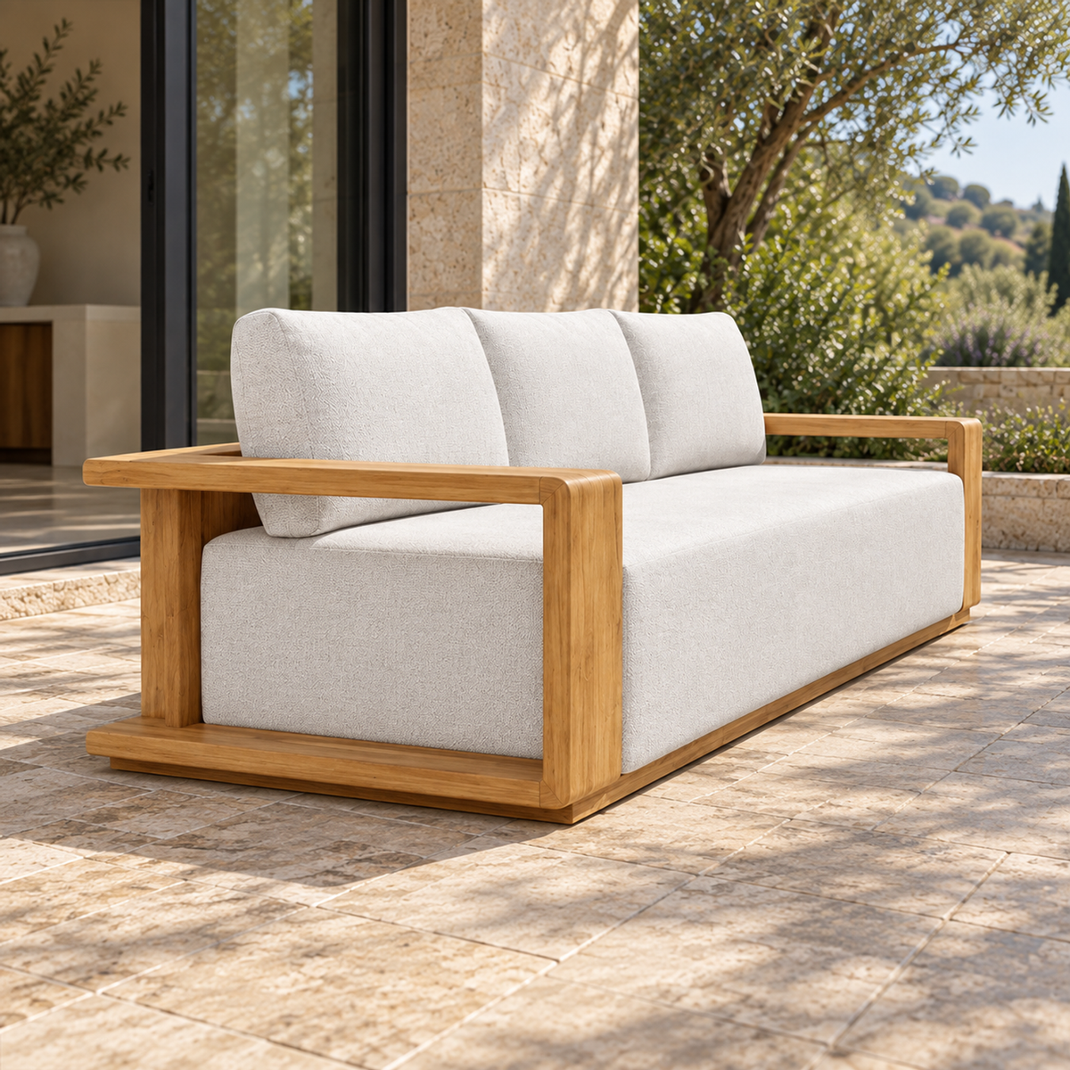 Grace Sofa in Teak, low view from the left end on a home terrace