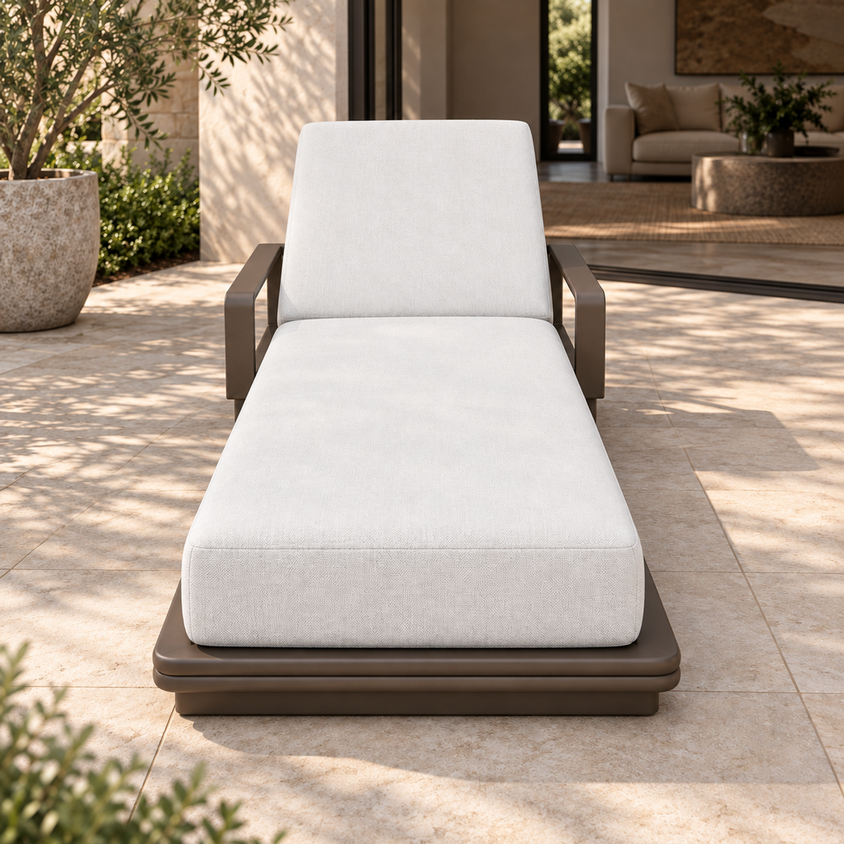 Grace aluminium sun lounger, view from the foot on a furnished home terrace