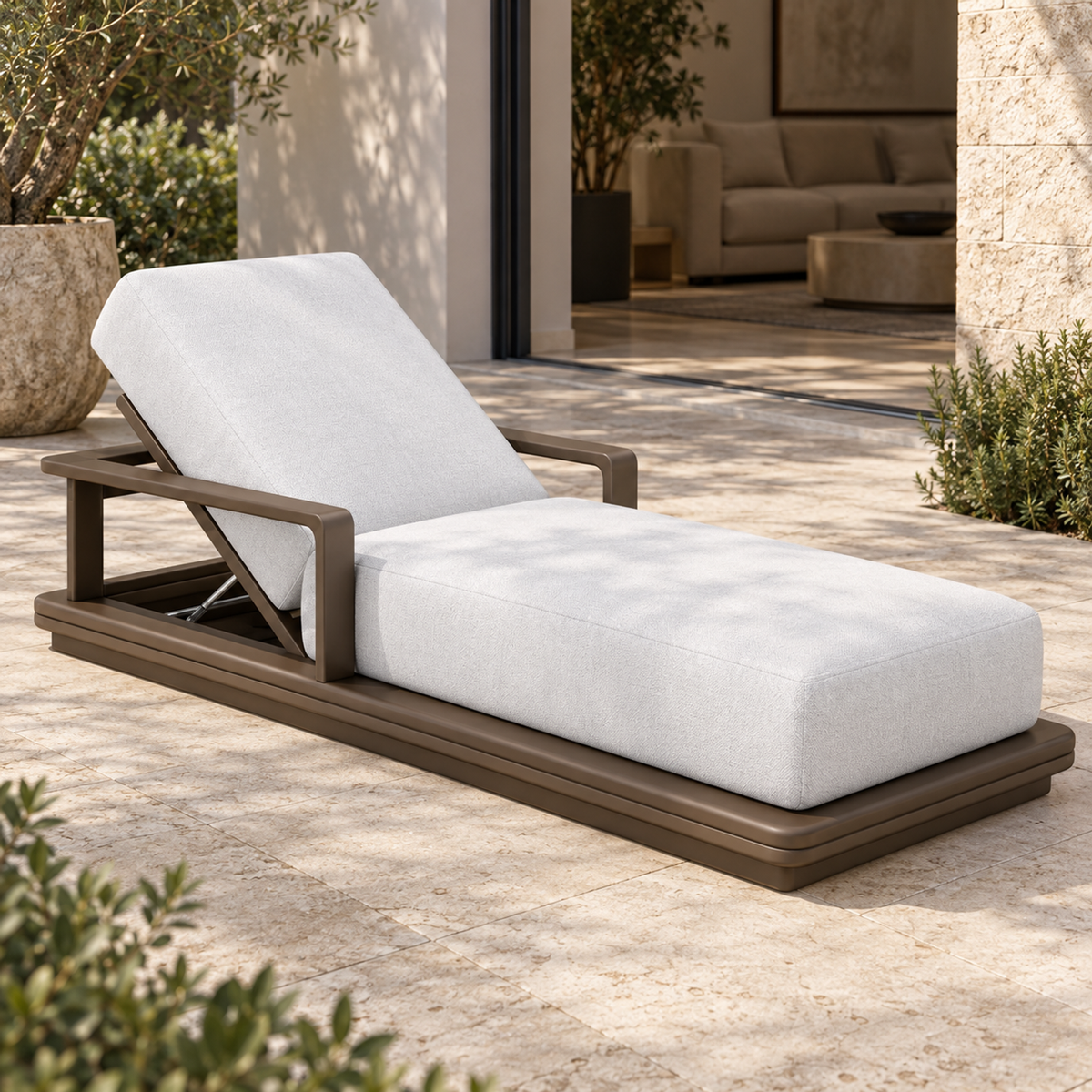 Grace aluminium sun lounger, left foot-end three-quarter view on a furnished home terrace