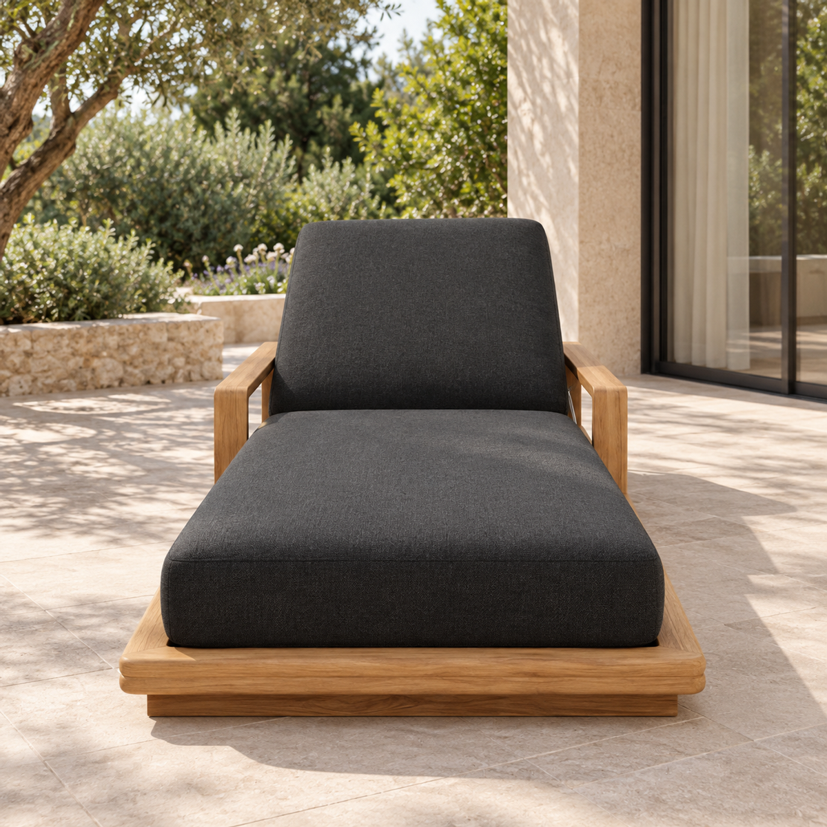 Grace Sun Lounger in Teak, centered foot-end view on a home terrace