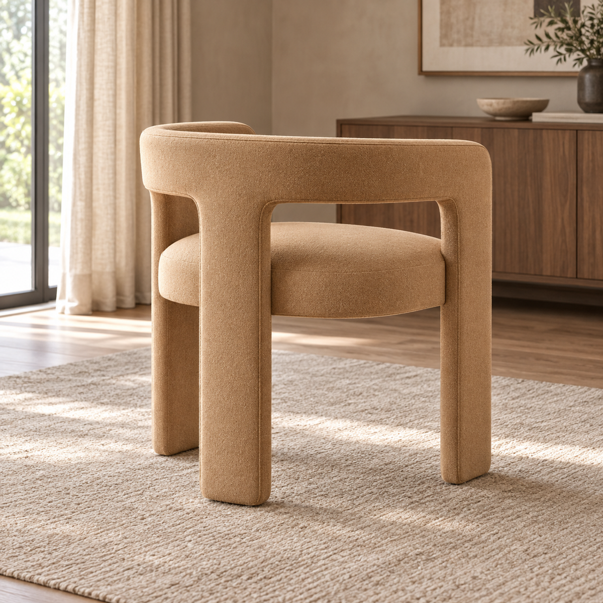 Lifestyle view: Inès Open-Back Fabric Dining Armchair in a sunlit dining interior