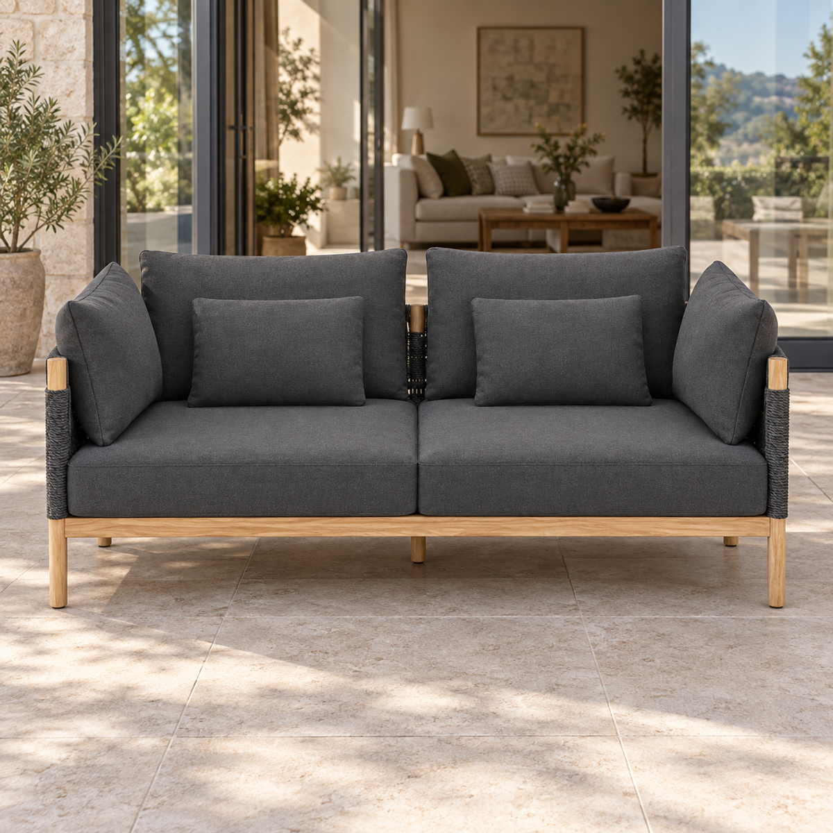 Lifestyle view: Ithaca Sofa, 152 cm, photographed in a quiet outdoor courtyard