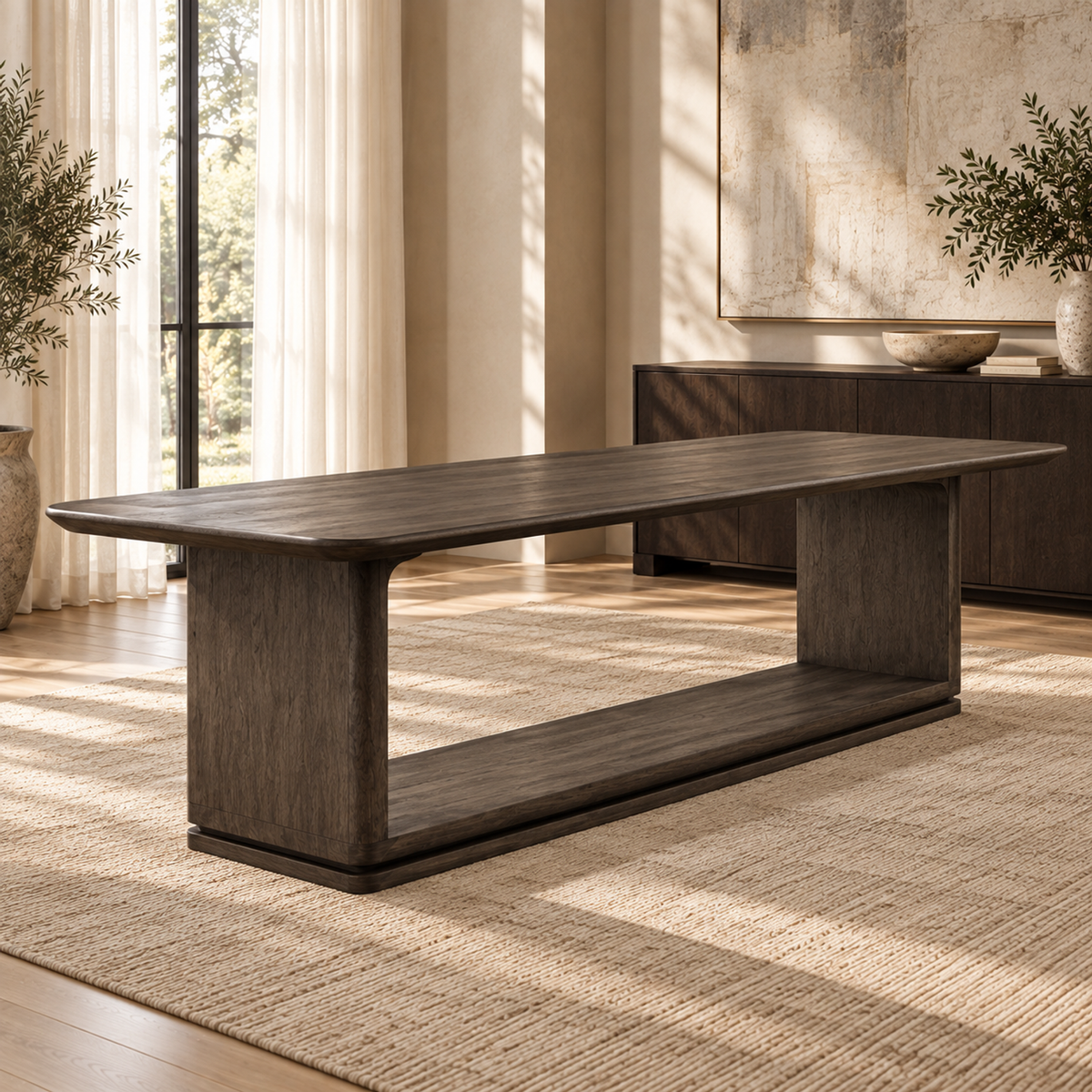Lifestyle view: Ligné Open Rectangular Dining Table in a sunlit furnished dining room
