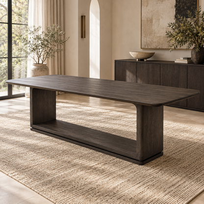 Lifestyle view: Ligné Open Rectangular Dining Table in a warmly lit furnished dining room