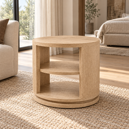 Lifestyle view: Ligné open round side table in a warm furnished living room