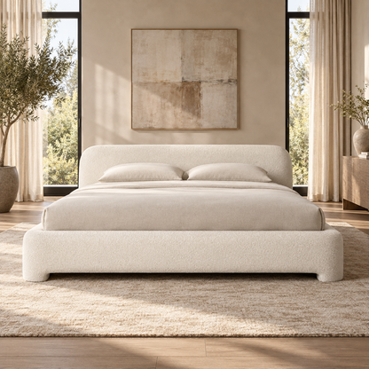 Lifestyle view: Lila Fabric Panel Bed, straight foot-frontal12degrees down showing original shallow arched opening in a furnished bedroom
