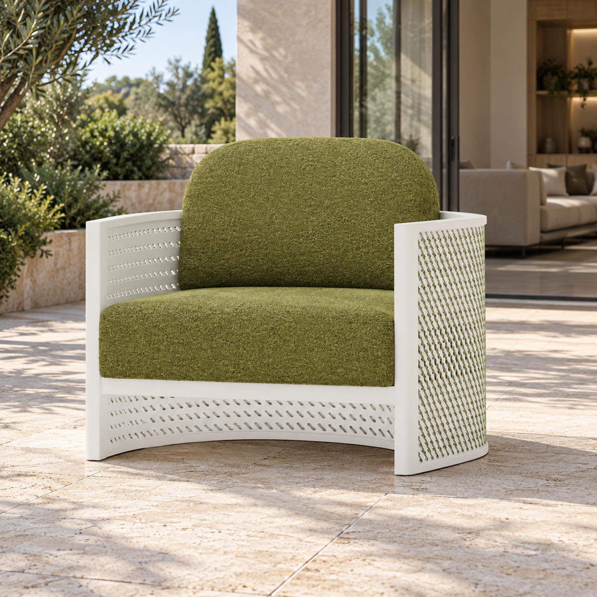 Lifestyle view: Luna aluminium lounge chair, near-frontal view on a home terrace
