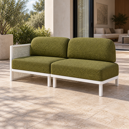 Lifestyle view: Luna modular two-seat sofa, open-end diagonal view on a home terrace