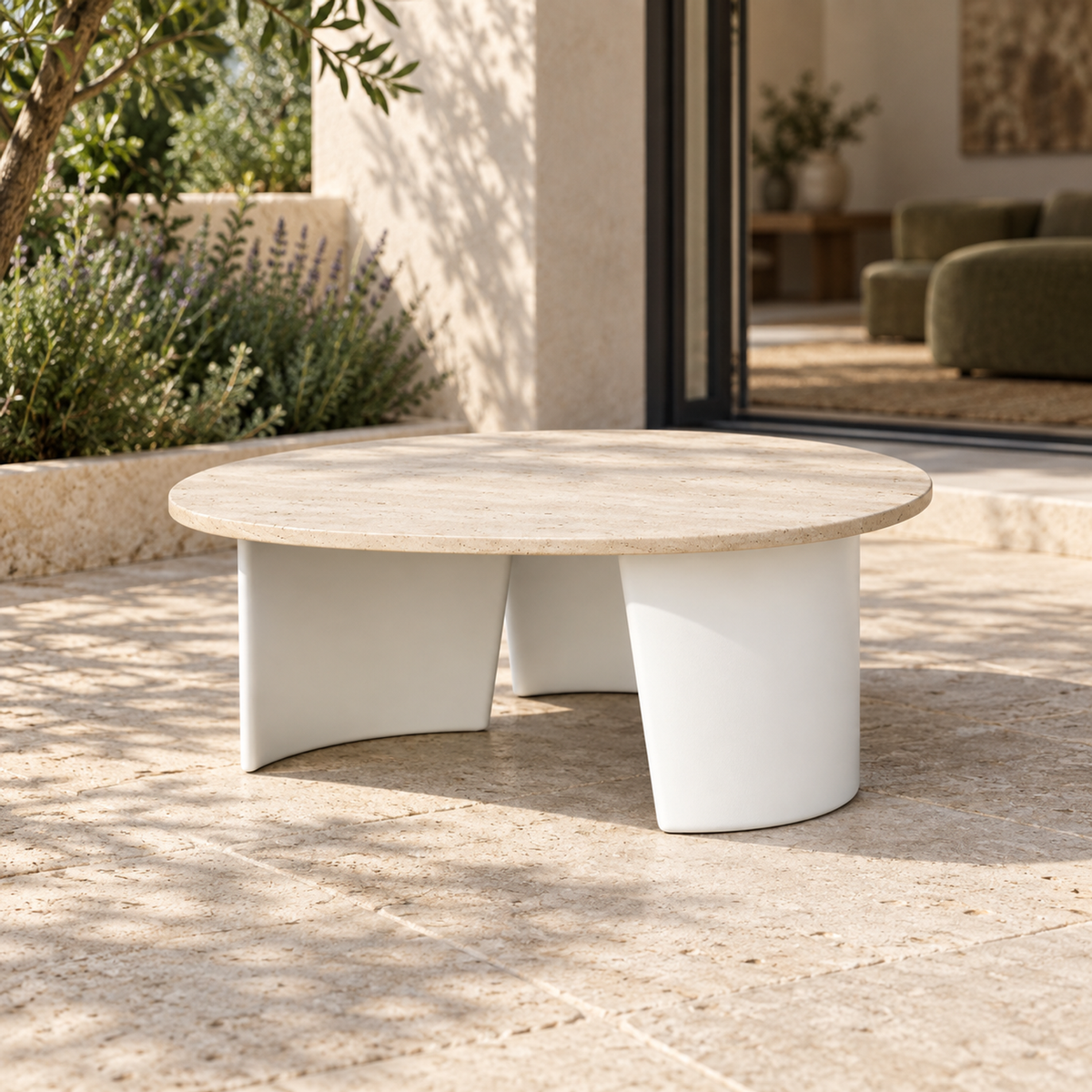 Lifestyle view: Luna round side table, low view beside a furnished home