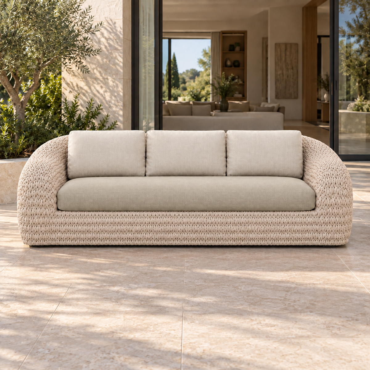 Lifestyle view: Marisol 180 cm bone knitted-rope sofa with three pale back cushions, photographed in a limestone courtyard