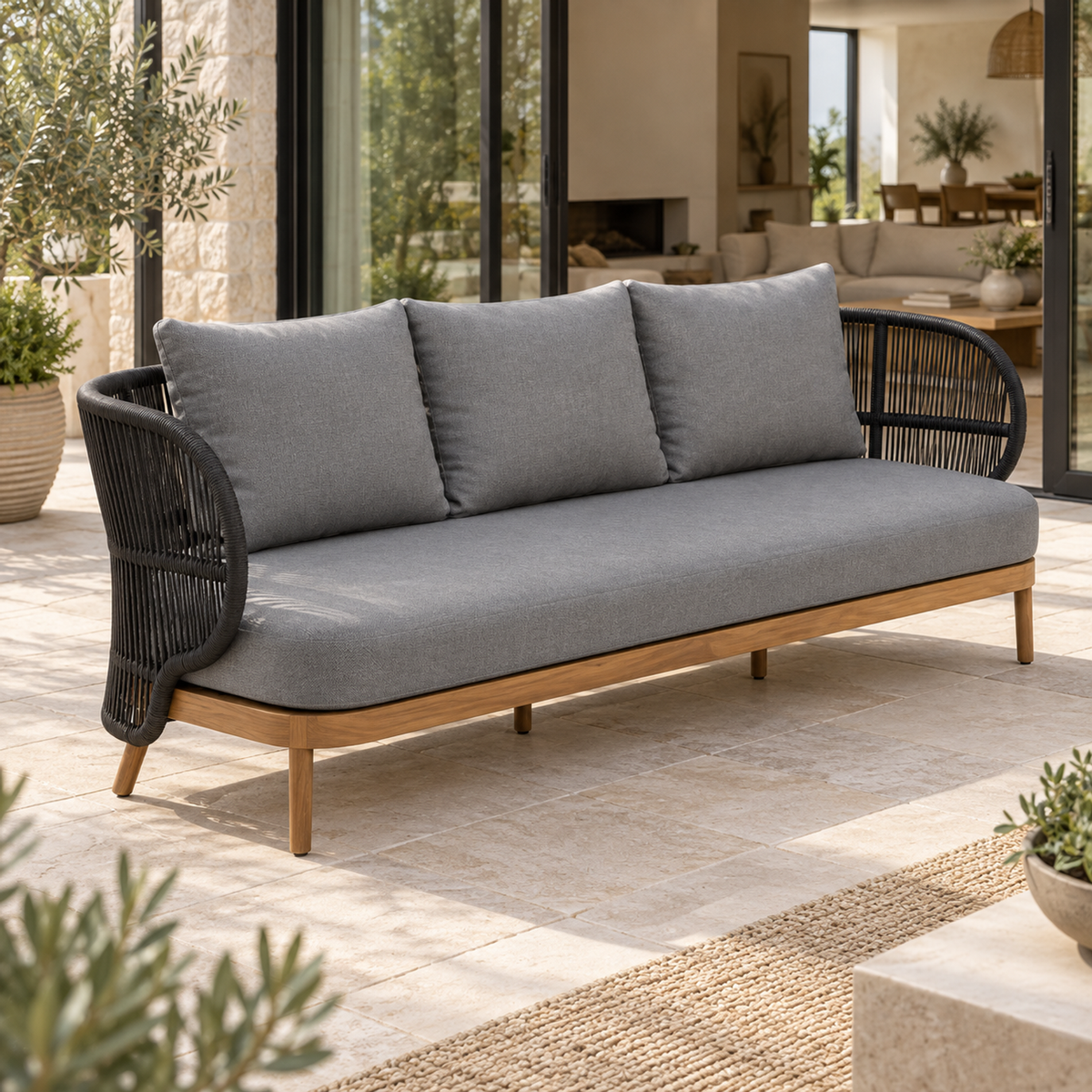 Lifestyle view: Menorca Sofa, photographed in a quiet outdoor courtyard