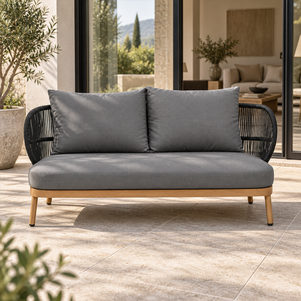 Lifestyle view: Menorca Two-Seat Sofa, photographed in a quiet outdoor courtyard