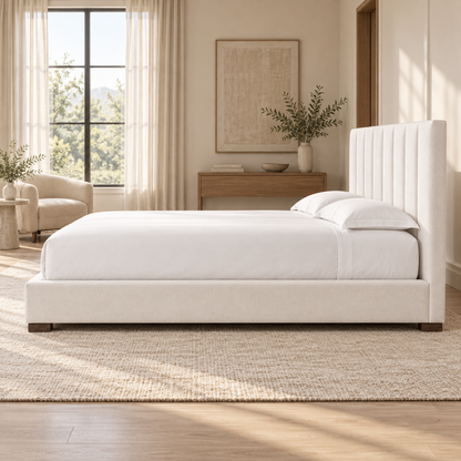 Lifestyle view: Modena Fabric Vertical Channel Panel Platform Bed, true long-side profile85–90degrees around and12degrees down, full headboard height/whole bed visible in a furnished bedroom