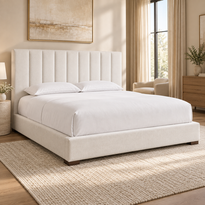 Lifestyle view: Modena Fabric Vertical Channel Panel Platform Bed, elevated foot-left diagonal45degrees around from frontal and35degrees down in a furnished bedroom