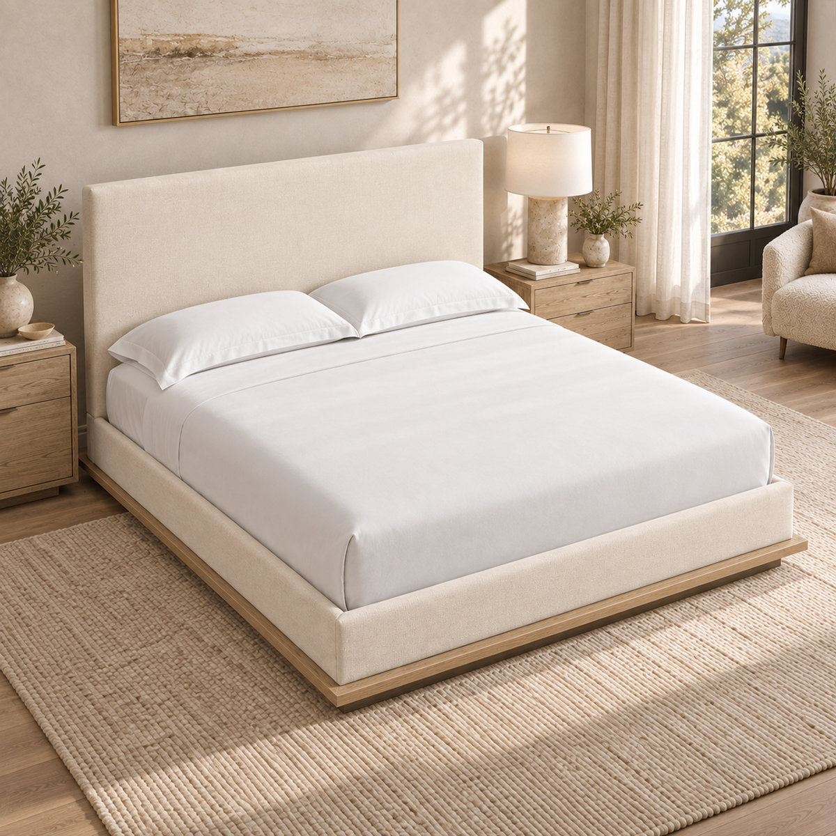 Lifestyle view: Montecito Fabric Panel Bed, photographed in a furnished interior