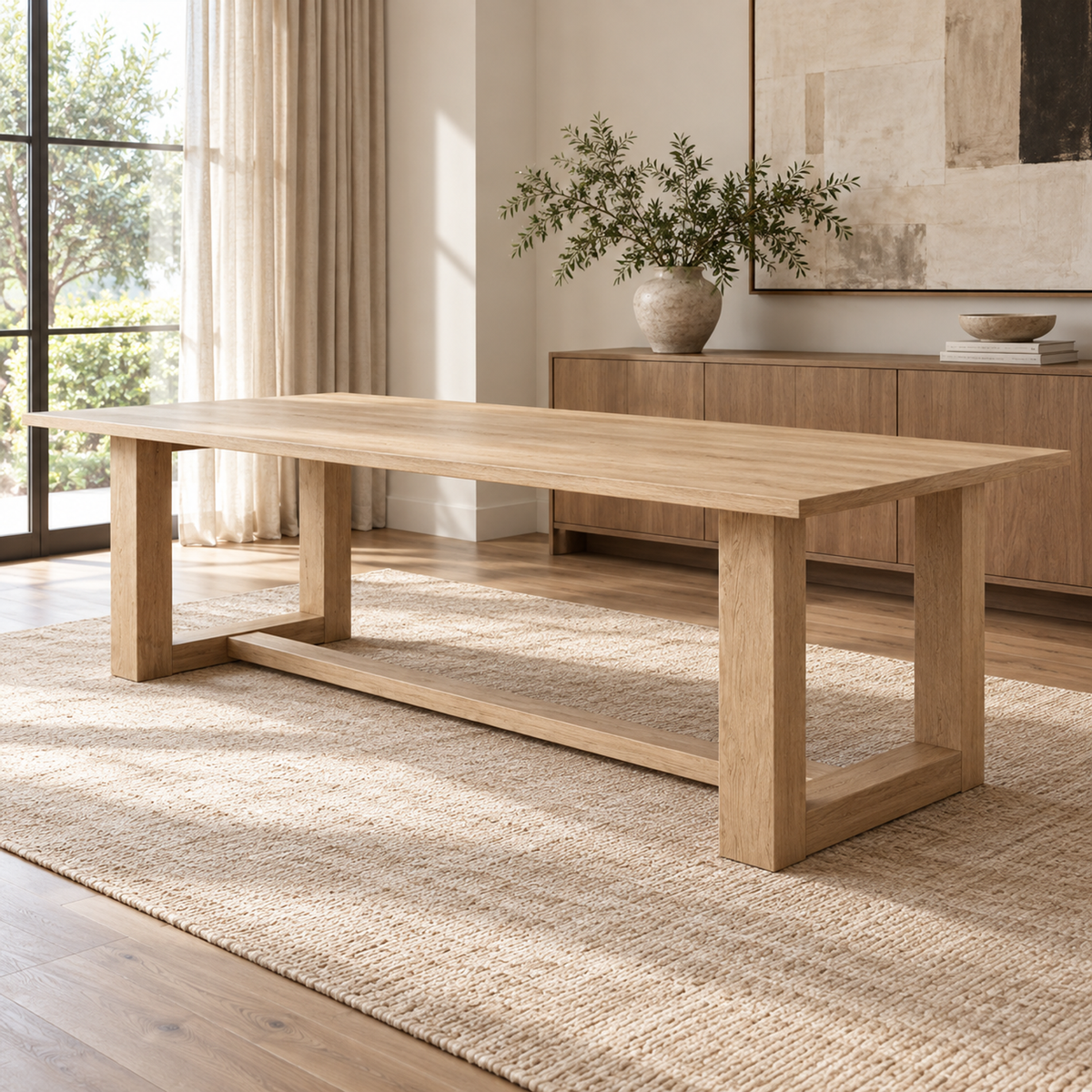 Lifestyle view: Montecito Trestle Rectangular Dining Table in a furnished dining room