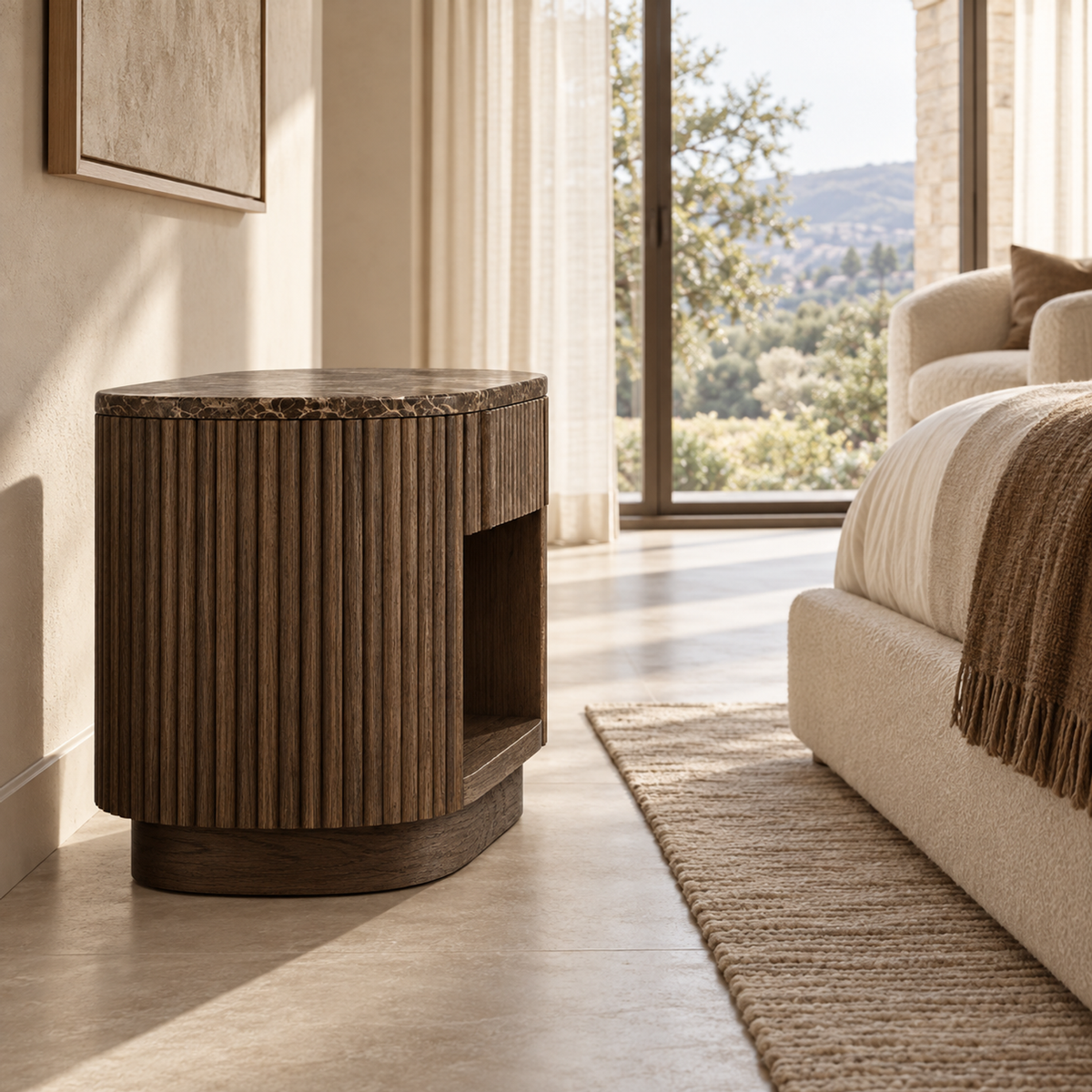 Lifestyle view: Mulholland Open Nightstand, photographed in a quiet bedroom