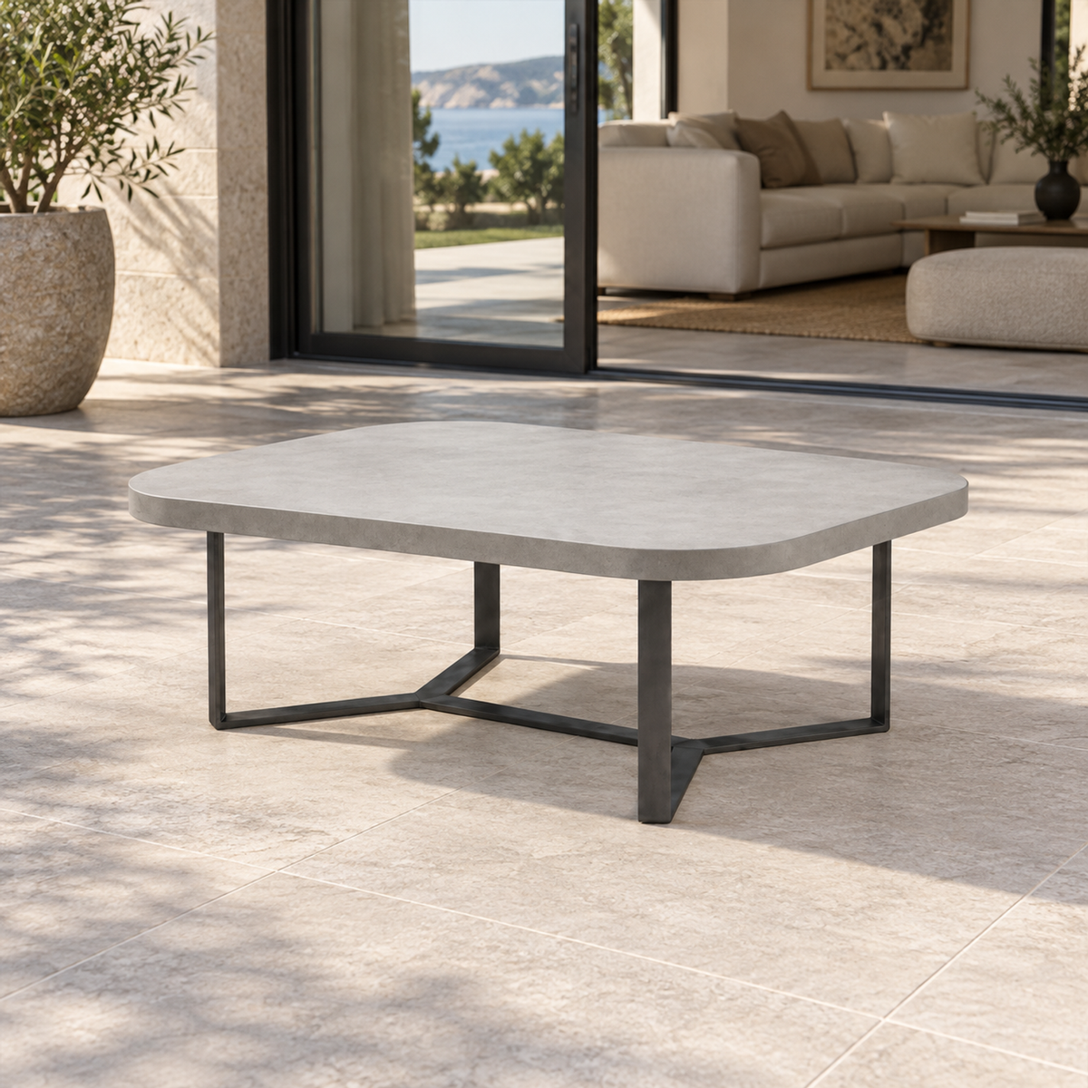 Lifestyle view: Mykonos Coffee Table, photographed in a quiet outdoor courtyard
