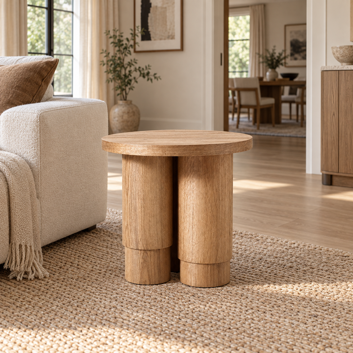 Lifestyle view: Oak Tropez Round Pedestal Side Table, photographed in a quiet interior