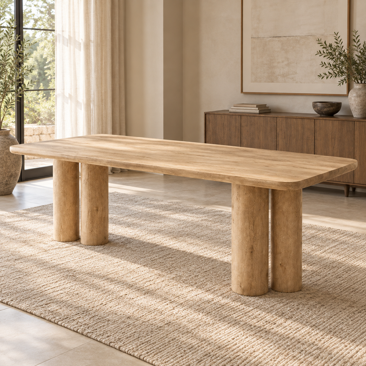 Lifestyle view: Oslo Cylinder Rectangular Dining Table in a sunlit furnished dining room