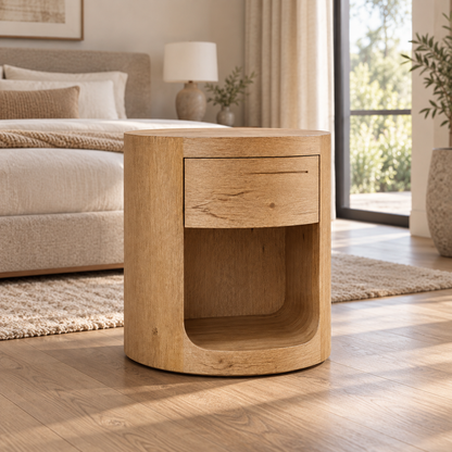 Lifestyle view: Oslo Round Nightstand in a furnished residential interior
