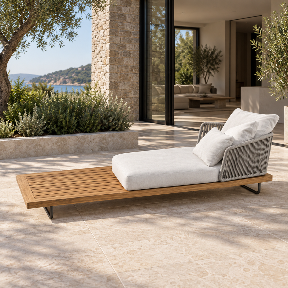 Lifestyle view: Portofino Daybed, photographed in a quiet outdoor courtyard