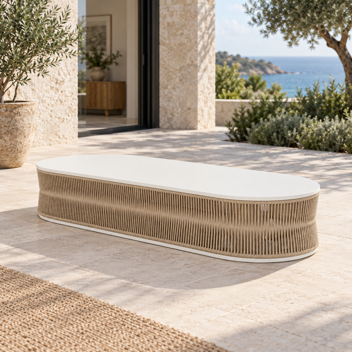Lifestyle view: Ripple Coffee Table in Aluminium, elevated diagonal on a coastal home terrace