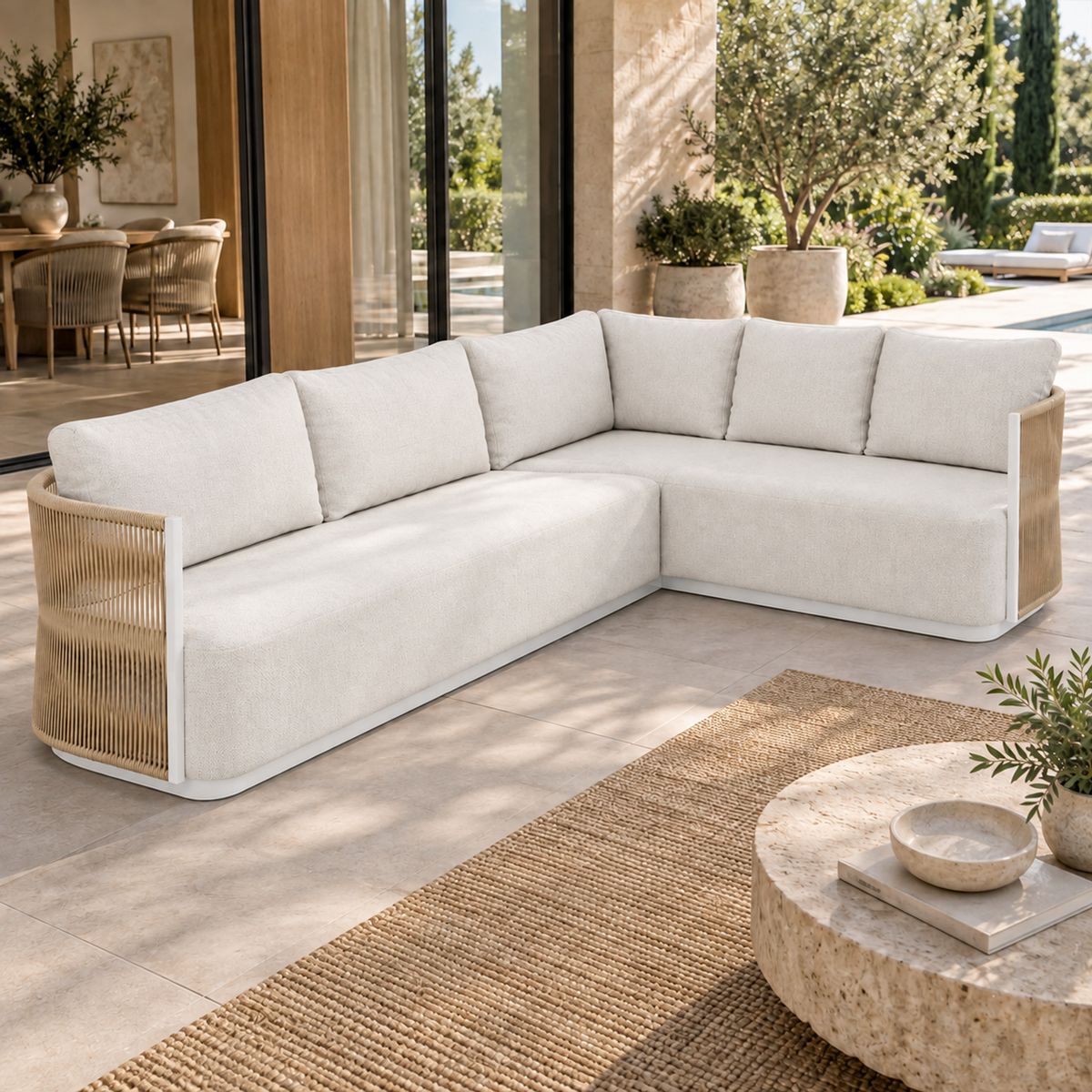 Lifestyle view: Ripple L-Sectional in Aluminium, left-end diagonal beside a furnished garden home