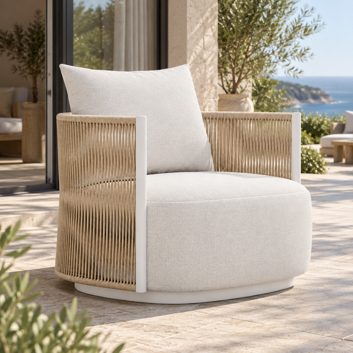 Lifestyle view: Ripple Lounge Chair in Aluminium, opposite three-quarter view on a coastal terrace