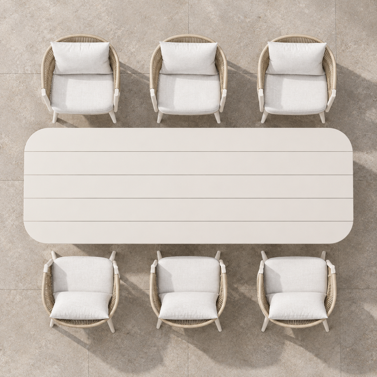 Ripple aluminium dining set, complete overhead view on a stone terrace